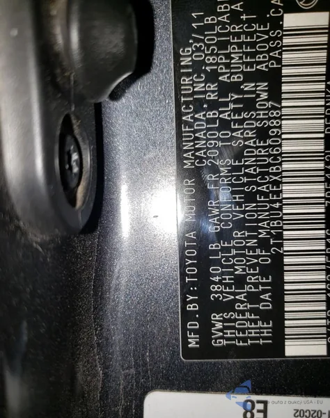 2011 Toyota Corolla Base из США, поврежденный, VIN 2T1BU4EEXBC609887